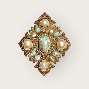 Vintage Sarah Coventry Brooch Pin Gold-Tone Faux Pearl & Turquoise Ornate